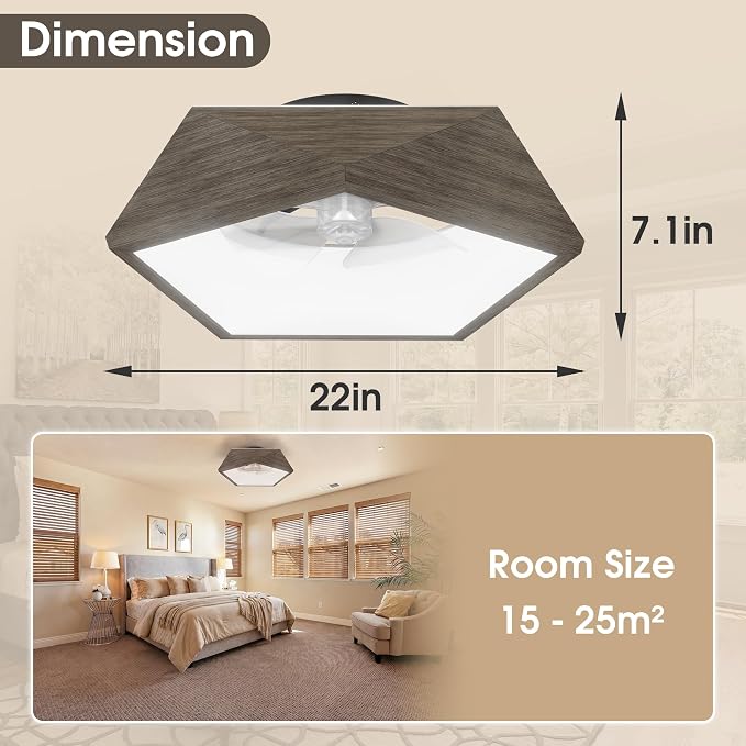 RGB Ceiling Fans with Lights and Remote, 22in Low Profile Ceiling Fans with Lights Flush Mount, 3000K-6500K Dimmable Fandelier LED Fan Light, Walnut Wood Bladeless Ceiling Fans for Bedroom