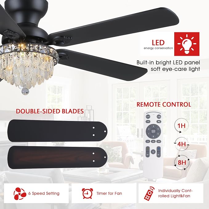 GJeg Crystal Ceiling Fan Fandelier with Lights-Ceiling Fans with Remote Control,Modern Ceiling Fan with Noiseless DC Reversible Motor,Dining Room,Living Room(52" Black)