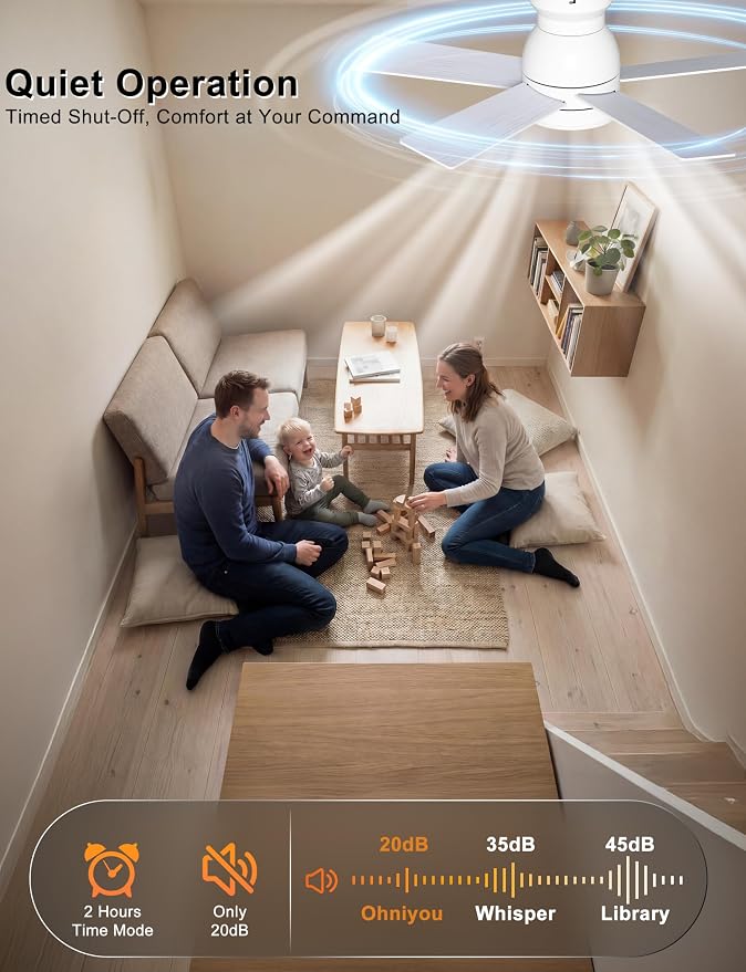 Ohniyou Ceiling Fans with Lights, 32 Inch Low Profile Ceiling Fan with Light and Remote/APP Control, Flush Mount, Dimmable, Quiet DC Motor, White Small Indoor Ceiling Fan for Bedroom, Kitchen
