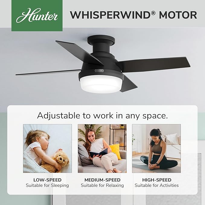 Hunter Dempsey, Indoor, Ceiling Fan, Modern, Quiet, 44 inch, Matte Black | with LED Light and Remote Control, Low Profile Mount, 4 Blades, For Bedroom, Living Room, Kitchen, 52390