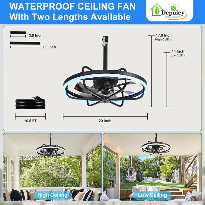Depuley 20" Outdoor Ceiling Fan with Light: RGB Waterproof Gazebo Hanging Fan with Remote App Control - Dimmable Plug in Caged outdoor Ceiling Fans for patios Porch 6 Speeds