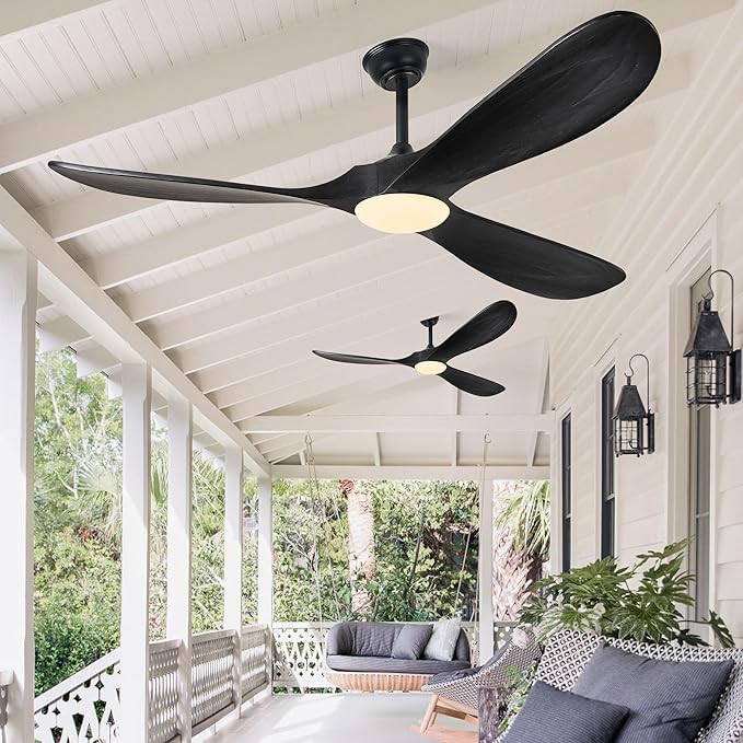 Haipeel Ceiling Fans with Lights, 60 Inch Solid Wood Black Ceiling Fans with Lights and Remote Control for Outdoor Ceiling Fan with Light Propeller for Porch Farmhouse, DC ETL Listed, Matte Black
