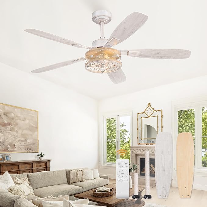 Farmhouse Ceiling Fan with Light and Remote, Industrial Caged Flush Mount Ceiling Fans with 6 Speed Reversible Motor and Dual Finish 5 Blades, for Living room, Bedroom (White and Gold, 52Inch)