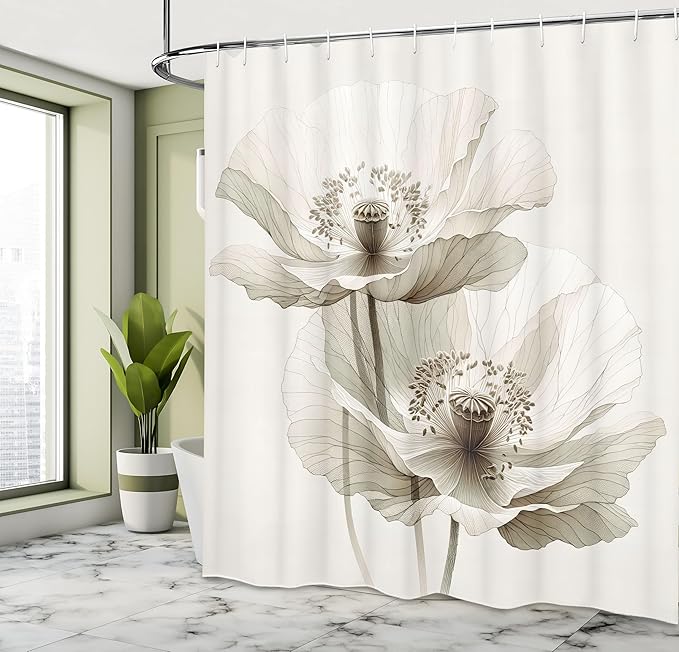 Ambesonne Neutral Shower Curtain, Poppy Flowers in Muted Colors Bloom of Nature Simple and Pure, Cloth Fabric Bathroom Decor Set with Hooks, 69" W x 75" L, Off White and Dark Eggshell