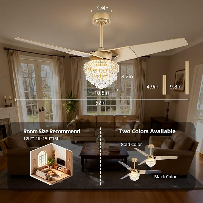 Chandelier Ceiling Fans With Lights And Remote, Chandelier Fan Ceiling,Crystal Ceiling Fan Fandelier With Lights,6 Speed 3 Timer Quiet Ceiling With Fans For Living Room Bedroom (Gold, 52 In'ch)