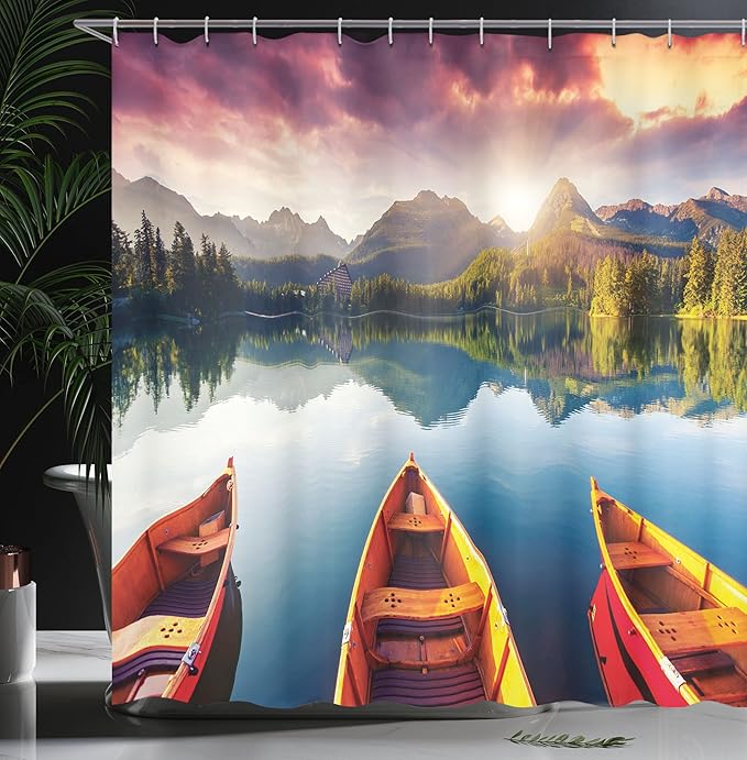 Ambesonne Landscape Shower Curtain, Sunset at Mountain Lake Strbske National Park Dramatic Sky and Boats, Cloth Fabric Bathroom Decor Set with Hooks, 69" W x 70" L, Orange Mauve
