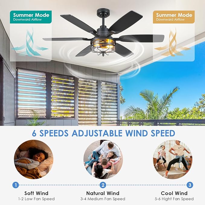 Hounberi 52" Farmhouse Ceiling Fan with Light and Remote, Black Industrial Caged Ceiling with Seeded Glass, 6-Speed Reversible DC Motor, Dual Finish 6 Blades, Black Ceiling Fan for Living Room Bedroom