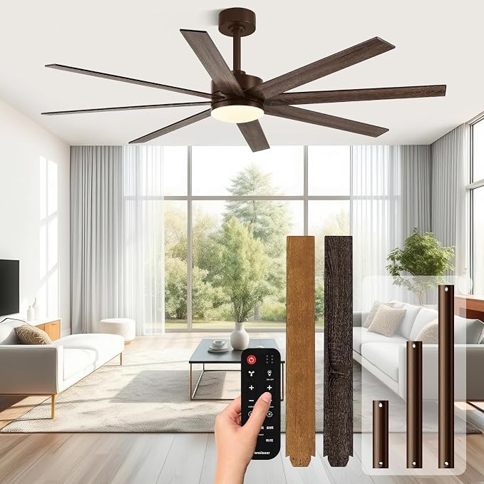 Conciseer 72 Inch Ceiling Fans with Lights, Remote Control, Dual-Color 8 Blades, 24W 3CCT,6-Speed Reversible Quiet DC Motor - Black and Wood Grain for, Living Room, Kitchen Brown