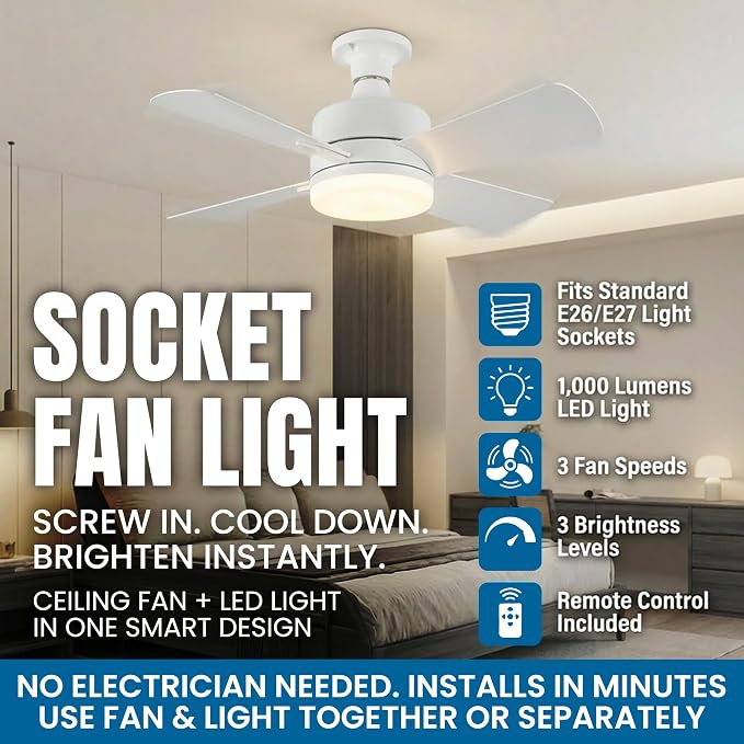 Bell+Howell Socket Breeze 15.4" Socket Fan Light with Remote Control | 1000 Lumens, Portable, Easy to Install Ceiling Fan Replacement for Bedroom, Kitchen, Living Room