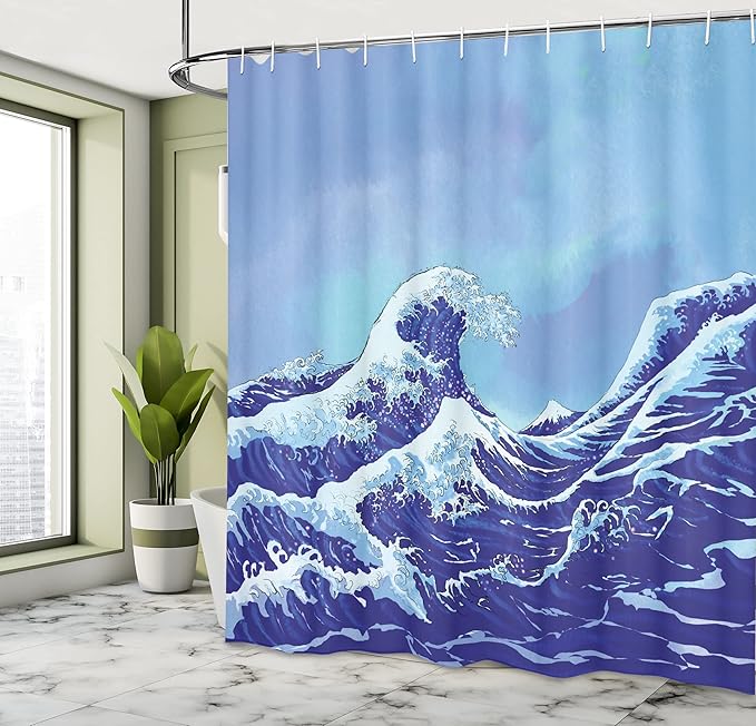 Ambesonne Kanagawa Shower Curtain, Big Tsunami in The Ocean Blue Sky Japanese Nature Sea Waves Art, Cloth Fabric Bathroom Decor Set with Hooks, 69" W x 70" L, Blue Navy
