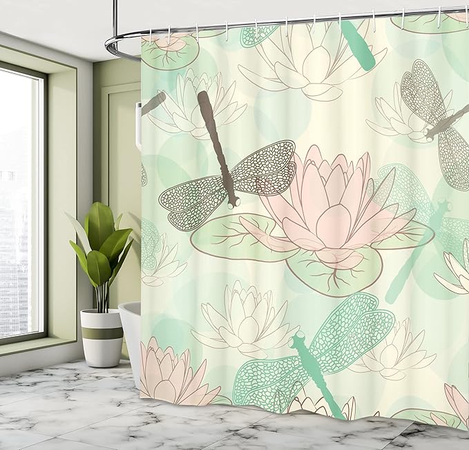 Ambesonne Dragonfly Shower Curtain, Floating Water Lily and Dragonfly on The Lake in Soft Color Design Print, Cloth Fabric Bathroom Decor Set with Hooks, 69" W x 75" L, Pink White