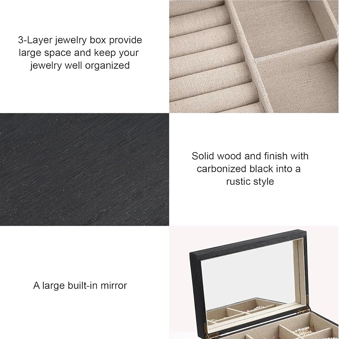 Meangood Jewelry Box Organizer for Women, 3 Layer Large Jewelry Storage Case, Rustic Wooden Jewelry Box with Mirror & Ring Tray for Necklace Earring Bracelets Rings, Vintage Style (Black)