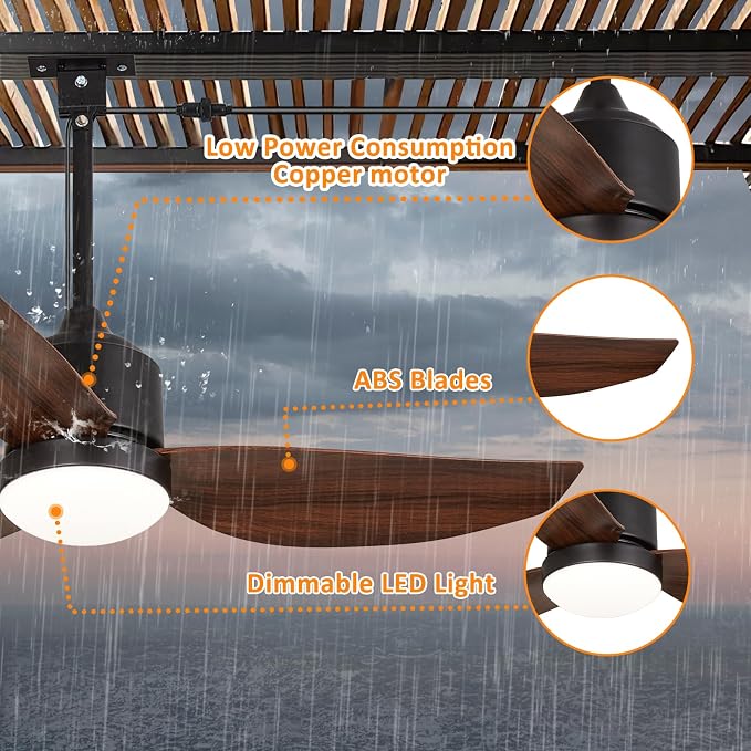 Depuley Outdoor Ceiling Fan with Light: 52 Inch Gazebo Fan Outdoor Hanging - Plug in Fan for Patio Waterproof - Dimmable Fans with Lights Remote App Control - Walnut