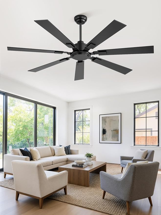 ZMISHIBO 60" Ceiling Fans No Light with Remote, Black Modern Ceiling Fan Without Light, Quiet Reversible DC Motor, 6 Speeds, 7 Blades Indoor/Outdoor Ceiling Fan for Living Room Bedroom Patio Garage