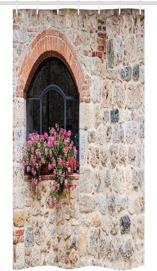 Ambesonne Tuscan Stall Shower Curtain, Gothic Architecture Abandoned Old Stone House Vintage Stairs in Tuscany, Fabric Bathroom Decor Set with Hooks, 36" W x 72" L, Salmon Ivory