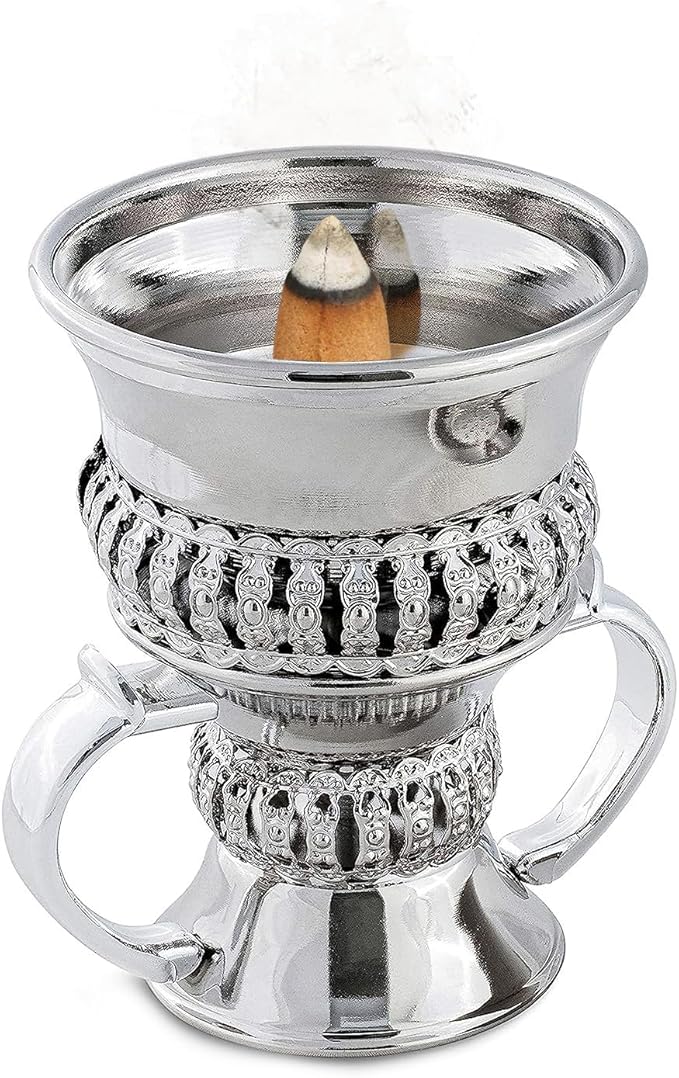 AM Regal Metal Incense Burner - Bakhoor Burner Mubkhara – Frankincense Resin Burner - Ideal for Yoga, Spa & Aromatherapy (Silver)