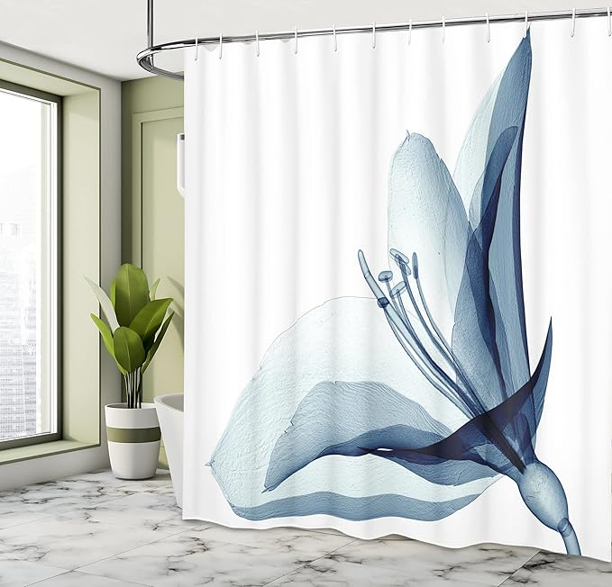 Ambesonne Flower Shower Curtain, X-ray Inspired Image of Amaryllis Flower Nature Inspired Artwork, Cloth Fabric Bathroom Decor Set with Hooks, 69" W x 75" L, White Teal