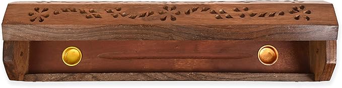 Incense Garden Pack of 2 Incense Stick Holder - Coffin Style - Wood Incense Stick Burner with Triple Moon Inlays (Natural) Handmade with Brass Inlays