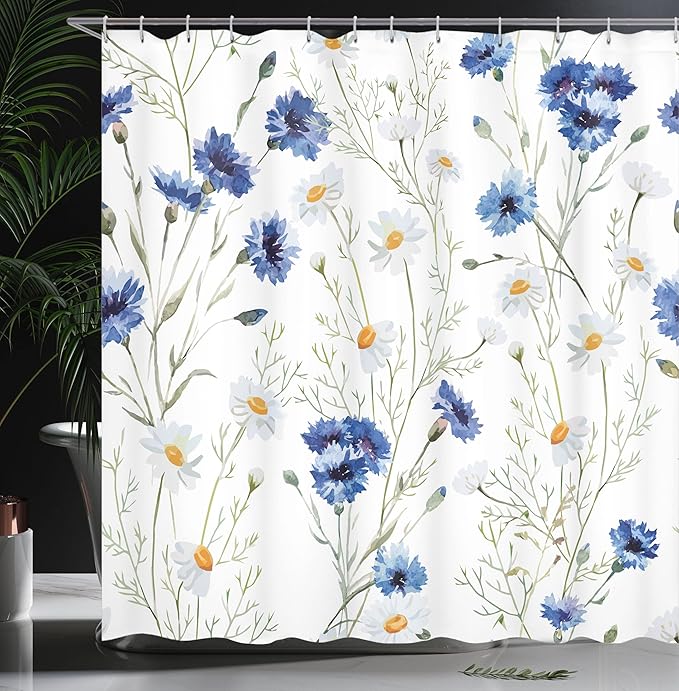 Ambesonne Watercolor Flower Shower Curtain, Wildflowers and Cornflowers Daisies Blooms Flower Buds, Cloth Fabric Bathroom Decor Set with Hooks, 69" W x 75" L, Green Marigold
