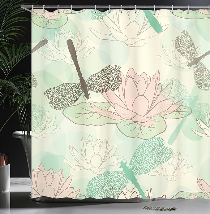 Ambesonne Dragonfly Shower Curtain, Floating Water Lily and Dragonfly on The Lake in Soft Color Design Print, Cloth Fabric Bathroom Decor Set with Hooks, 69" W x 75" L, Pink White