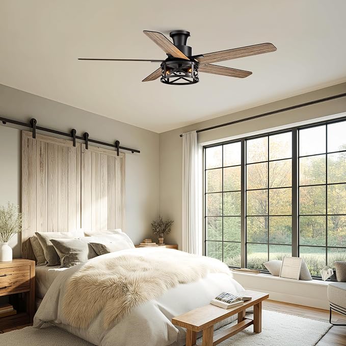 52 Inch Flush Mount Ceiling Fans with Lights and Remote Control, Low Profile Farmhouse Ceiling Fan for Bedroom Living Room and Patio, Black Caged Ceiling Fan for Indoor and Outdoor（NO BULBS）