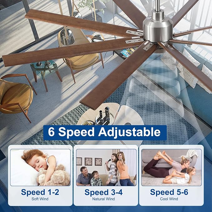 Rayqueen 72 Inch Brushed Nickel Ceiling Fans with Lights and Remote,Downrod | Walnut Blades,6 Speed Reversible DC motor,3-color temperature dimmable LED, 5.9/11.8/23.6 inch downrod