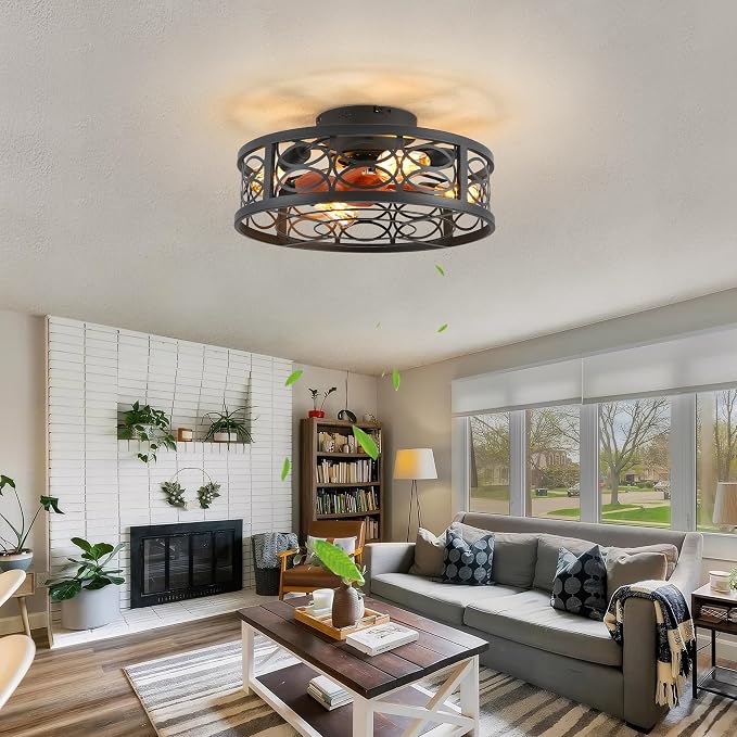 20" Caged Ceiling Fan with Light and Remote，Bladeless Ceiling Fan 6 Speed Reversible with 4 Bulbs and Remote Control.Low Profile Ceiling Fans with Lights for Bedroom, Dining Room