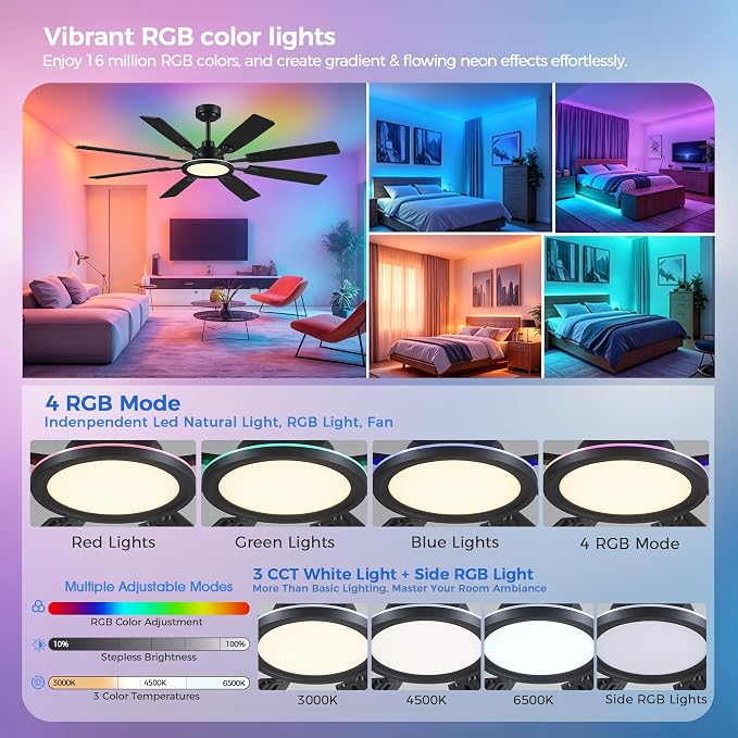 Ceiling Fan With Light & Remote Indoor/Outdoor Use 60 Inch RGB Brown | Remote Control,RGB Dimmable,Reversible DC Motor,3CCT,Timer,Noiseless,Ceiling Fan for Bedroom Living Room