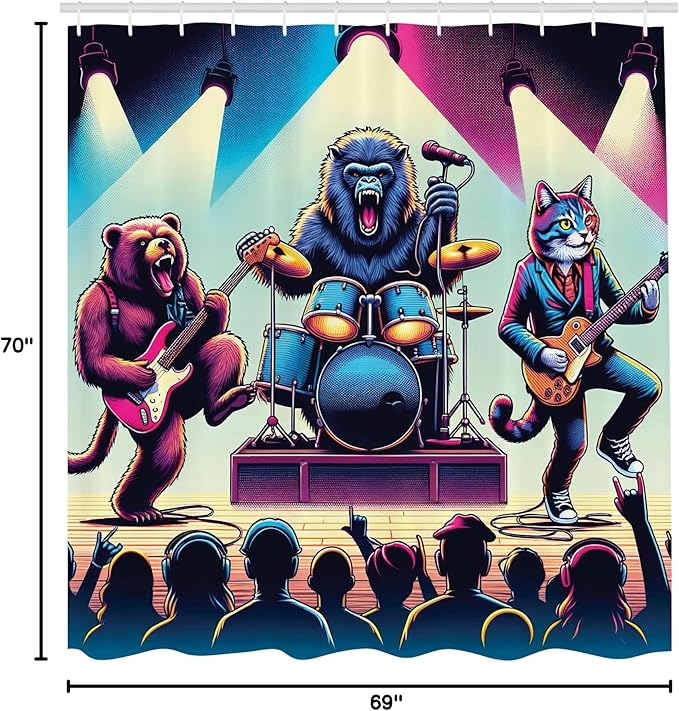 Ambesonne Rocker Animals Shower Curtain, Grizzly Bear Gorilla and Big Wild Cat Band Funny Stage Music Party, Cloth Fabric Bathroom Decor Set with Hooks, 69" W x 70" L, Fuchsia Blue Peach