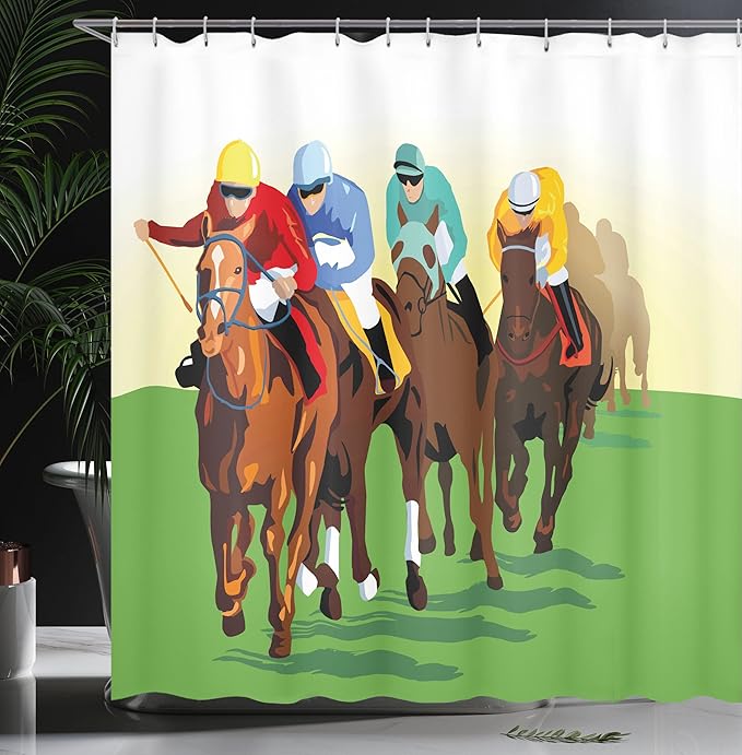 Ambesonne Horse Shower Curtain, Vibrant Colorful Competitive Scene with Jockeys Racing Horses Equine Retro Artwork, Cloth Fabric Bathroom Decor Set with Hooks, 69" W x 84" L, Brown Green