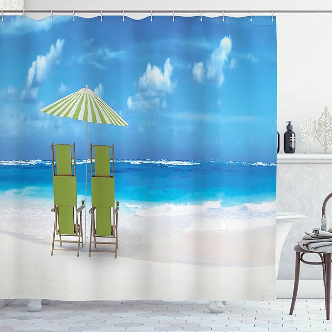 Ambesonne Seaside Shower Curtain, Sunshade Drinks Pair of Reclining Chairs Facing to Ocean Seascape, Cloth Fabric Bathroom Decor Set with Hooks, 69" W x 70" L, Green Lime