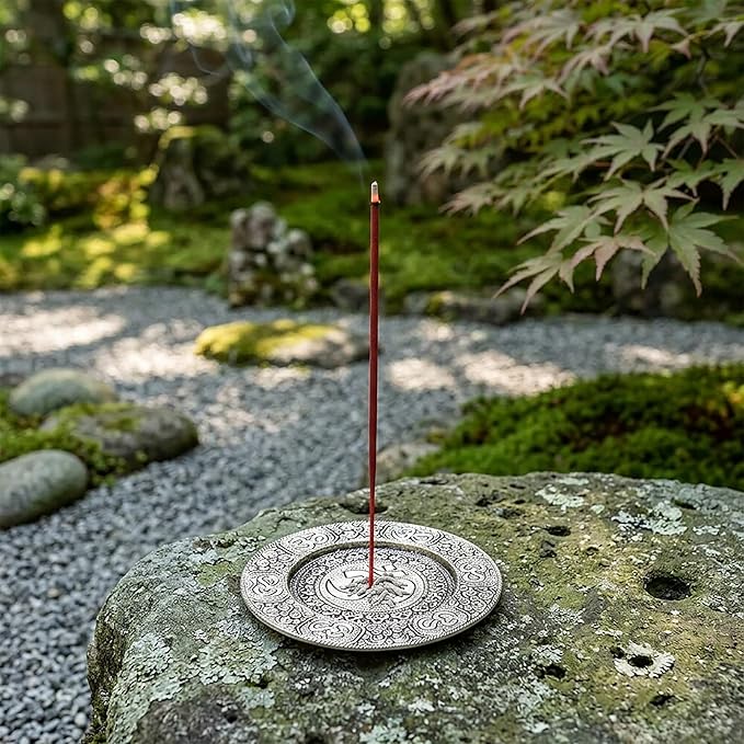Hosley Tibetan Style Aluminum Incense Sticks Burner for Aromatherapy and Home Ambiance Aged Silver Finish 4.5" Diameter