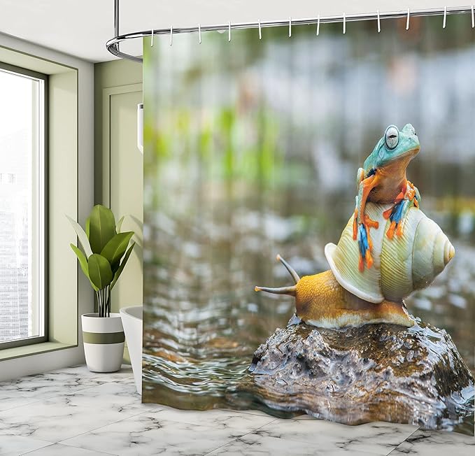 Ambesonne Funny Shower Curtain, Colorful Frog Above The Snail Riverscape Water Rock Mollusks Amphibian Animals, Cloth Fabric Bathroom Decor Set with Hooks, 69" W x 75" L, Multicolor Earth Yellow