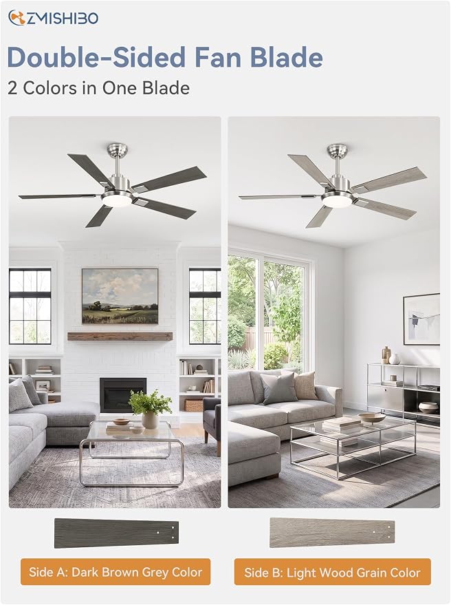 ZMISHIBO 52 inch Brushed Nickel Ceiling Fans with Lights and Remote, Indoor/Outdoor Modern Ceiling Fan for Bedroom Living Room Patio, 6 Speed Reversible Quiet DC Motor, 3 CCT, Dual Finish Blades