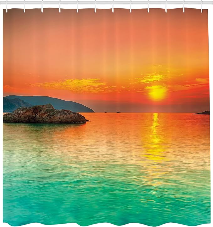 Ambesonne Nature Shower Curtain, Sunset Over The Sea Con Dao Vietnam Sunbeams Colorful Sky Reflection on Water, Cloth Fabric Bathroom Decor Set with Hooks, 69" W x 70" L, Orange Mint Green