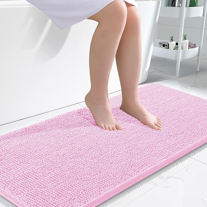 OLANLY Bathroom Runner Rugs 47x24, Extra Soft Absorbent Chenille Bath Rugs, Rubber Backing Quick Dry, Machine Washable Long Bath Mats for Bathroom Floor, Tub and Shower, Home Decor Accessories, Pink