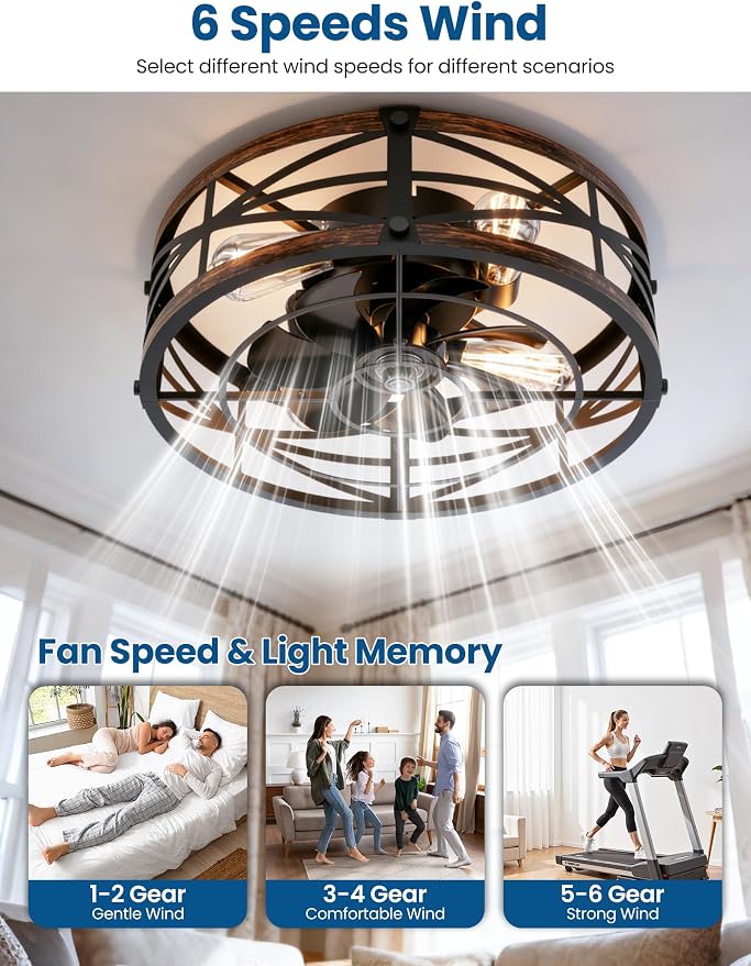 20" Caged Ceiling Fan with Light and Remote App Control, Rustic Round Flush Mount Low Profile Ceiling Fandelier Lights, 6 Speed and Reversible, Farmhouse Industrial Style for Bedroom, Kitchen