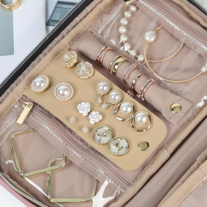 NISHEL Travel Jewelry Case Organizer, Tangle-Free Necklace Storage Bag | Stores rings, earrings, bracelets and watches in a compact case for travel and daily use, Rosewood-Pink, Medium