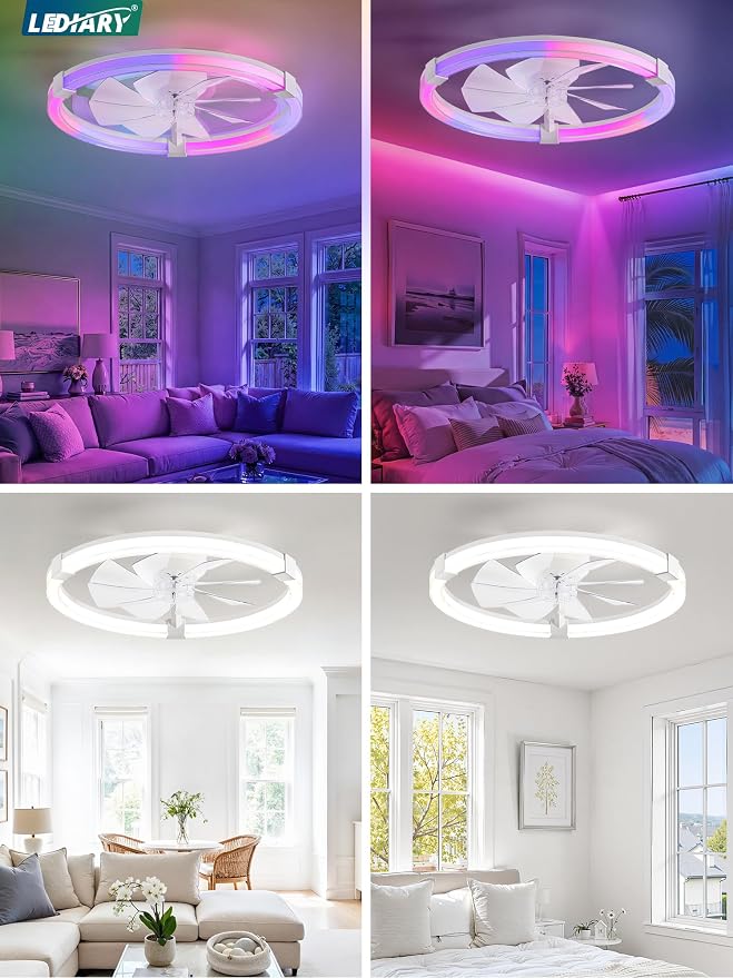 LEDIARY Ceiling Fan with Light,23inch Low Profile Fandelier with Remote RGB | RGB,6 Speeds, Reversible DC Motor, Dimmable Flush Mount Fan Light, Modern fans for Bedroom