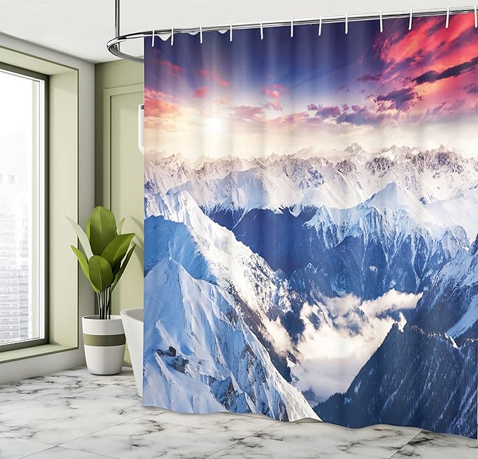 Ambesonne Europe Shower Curtain, Mountain Peak Snowy Winter Colorful Sky Sunbeams Adventure Austria, Cloth Fabric Bathroom Decor Set with Hooks, 69" W x 70" L, Coral Night