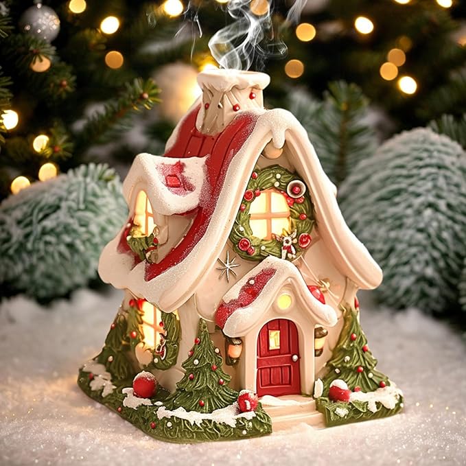 Incense Burner, Cute Christmas Log Cabin Incense Burner, Resin Cone, Portable Holder for Holiday Decor Home Indoor Gifts, Cone Holder