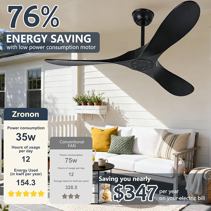 52 Inch Black Outdoor Ceiling Fan No Light, 3 Blade Wood Propeller Ceiling Fans for Patios, Wet Rated Indoor Ceiling Fan without Light for Living Room Bedroom with Remote