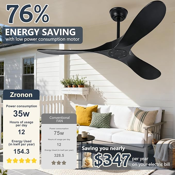 60 Inch Black Outdoor Ceiling Fan No Light, Wood Indoor Outdoor Ceiling Fans for Patios Gazebo Porch Living Room, Big Wet Rated High CFM Reversible Ceiling Fan for Sloped Angled Ceiling