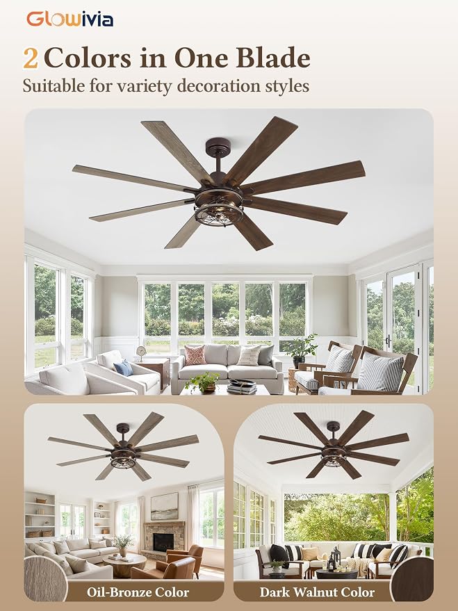 65 Inch Ceiling Fans with Lights, Farmhouse Ceiling Fan with Lights and Remote, Dual Finish 8 Blades Caged Rustic Ceiling Fans with 6 Speed Reversible Motor for Indoor/Covered Outdoor