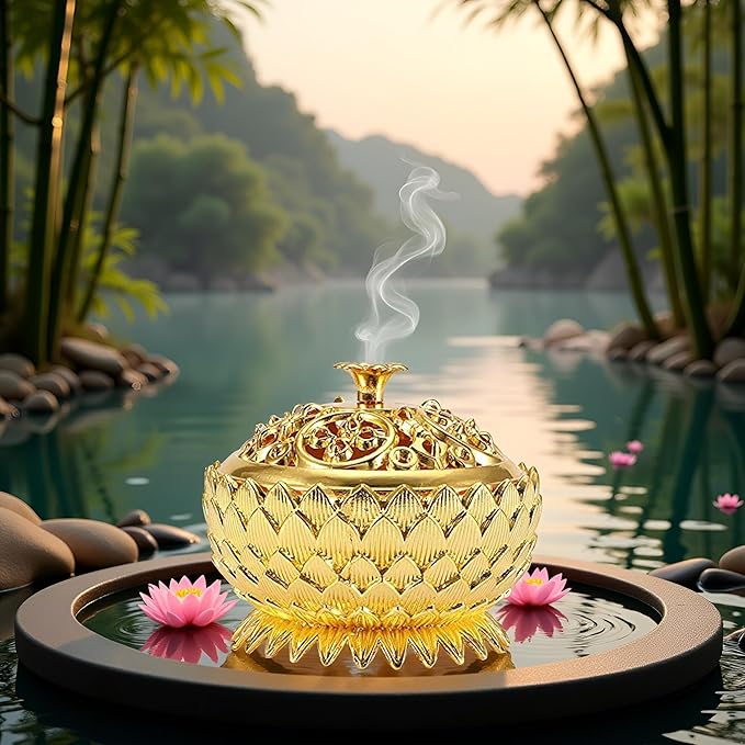 Pssopp Metal Incense, Vintage Lotus Zinc Alloy Incense Holder Sandalwood for Home Decoration Meditation(Gold)