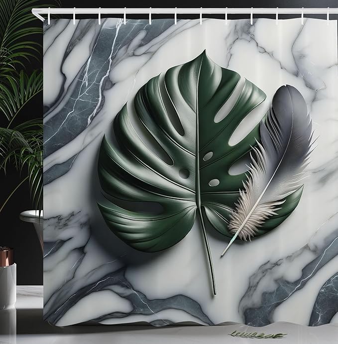 Ambesonne Dark Green Shower Curtain, Abstract Nature Paint Art Monstera and Feather on Marble Print Cold Tones, Cloth Fabric Bathroom Decor Set with Hooks, 69" W x 84" L, Blue Grey Emerald
