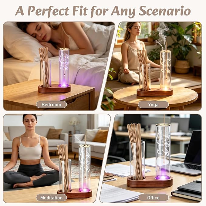 2 in 1 Glass Glowing Incense Holder for Sticks with Glass Ash Catcher, Upside Down Anti-Ash Incense Stick Burner, Modern Vertical Incense Holder for Yoga, Spa, Meditation and Home Decor
