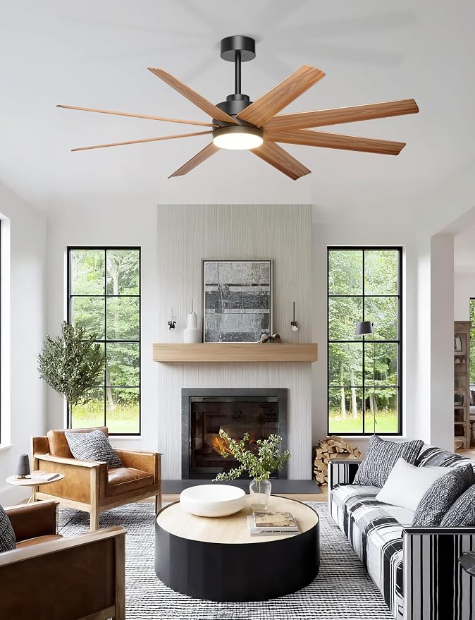 Ohniyou 60'' Ceiling Fan with Light - 8 Blades Modern Farmhouse Ceiling Fan Remote/APP Control, Dimmable, Covered Outdoor Fan for Patio, Living Room, Black+Wood Color