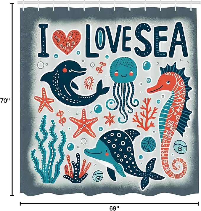 Ambesonne Nautical Shower Curtain, I Love Sea Lettering Happy Ocean Scenario Seahorse Dolphin Jellyfish Funny, Cloth Fabric Bathroom Decor Set with Hooks, 69" W x 70" L, Blue Coral Coconut