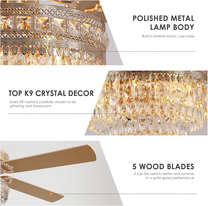 62"Golden Crystal Chandelier Ceiling Fans with Lights and Remote Control | Classical Design,6 Reversible Speeds,30W Quiet DC Motor,5 Wooden Blades,3*E12 LED Bulbs Included,for Living Room Bedroom